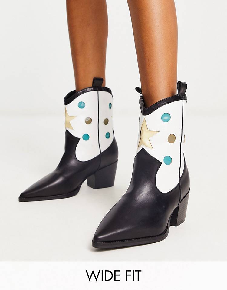 RAID Wide Fit Blu star print western boots in black